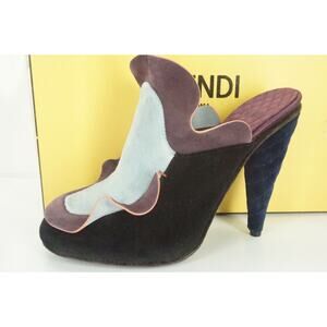 Fendi Velvet Ruffle Wave Slide Mule Pump SZ 38 Multi Purple NIB $650 Color Block